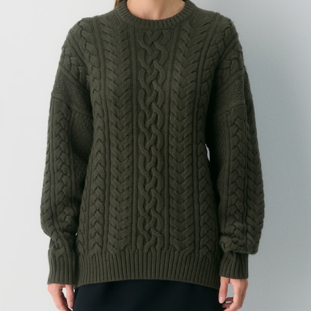 Aritzia Olive Green Cable Knit Crewneck Sweater